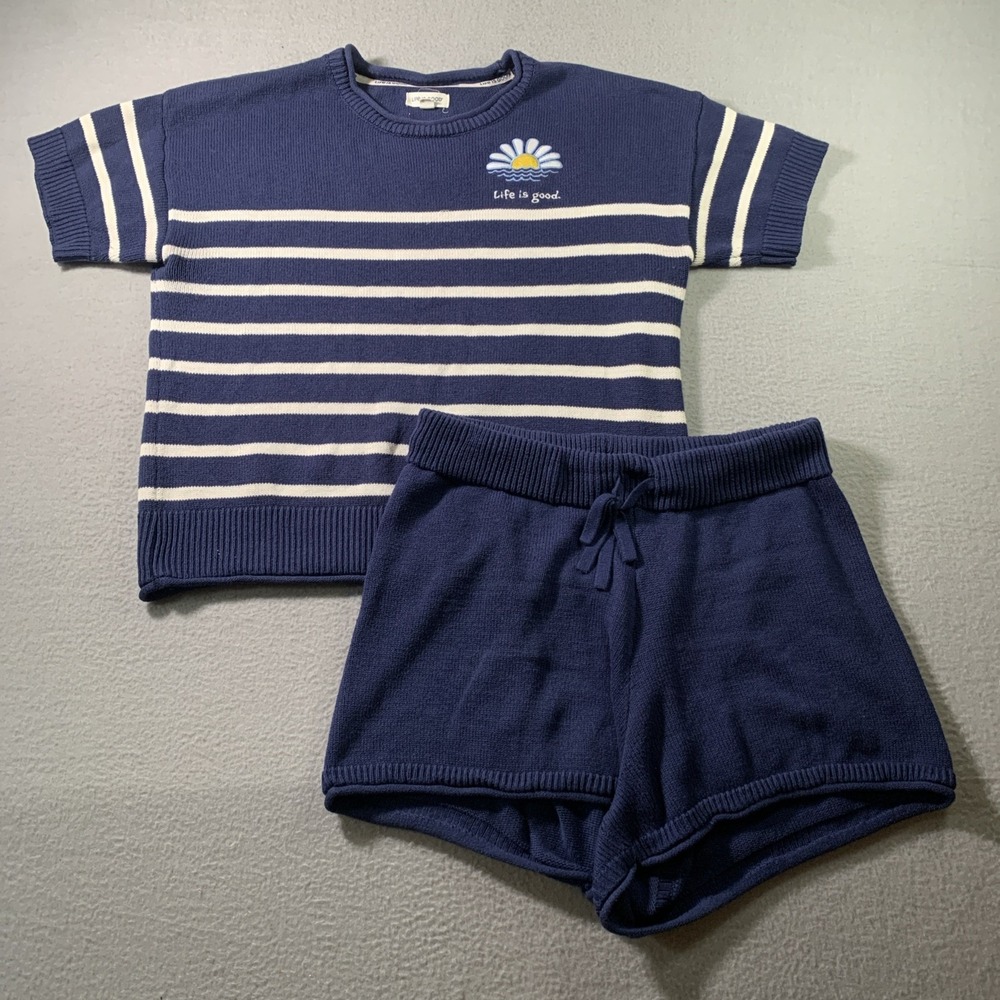 Life is Good Knit Sweater & Shorts Set Navy Blue Striped Loungewear PJs M
